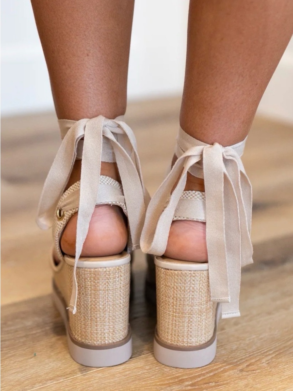 Soda Neutral Beige Espadrille Ankle-Tie Wedges - Picture 3 of 3